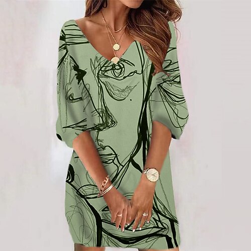 

Women's Bodycon Sheath Dress Short Mini Dress Green Purple 3/4 Length Sleeve Abstract Print Fall Winter V Neck Casual Vacation 2022 S M L XL XXL 3XL / Casual Dress