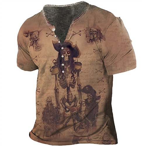 

Men's T shirt Tee Henley Shirt Tee Graphic Skull Henley Coffee Short Sleeve 3D Print Plus Size Outdoor Daily Button-Down Print Tops Basic Designer Casual Big and Tall / Summer / Summer / Sports