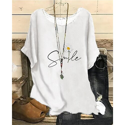 

Women's Plus Size Tops Blouse Shirt Floral Letter Print Short Sleeve Crewneck Streetwear Daily Vacation Polyester Spring Summer White