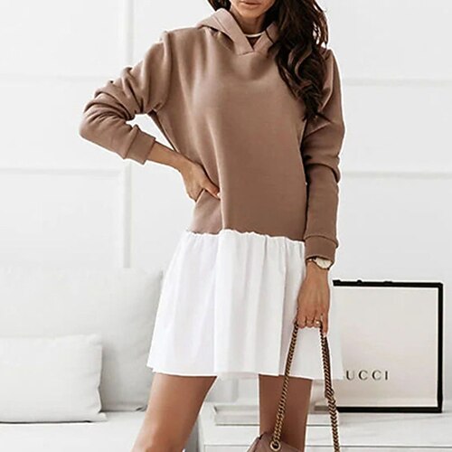 

Women's Hoodie Dress Shift Dress Short Mini Dress Pink Khaki Brown Light Blue Long Sleeve Color Block Ruched Patchwork Fall Winter Hooded Stylish Casual Loose 2022 S M L XL XXL 3XL / Cotton