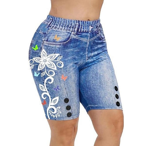 

Women's Leggings Shorts Bell Bottom Faux Denim Blue Red Gray High Waist Fashion Tights Casual Weekend Print High Elasticity Knee Length Tummy Control Butterfly S M L XL 2XL / Skinny