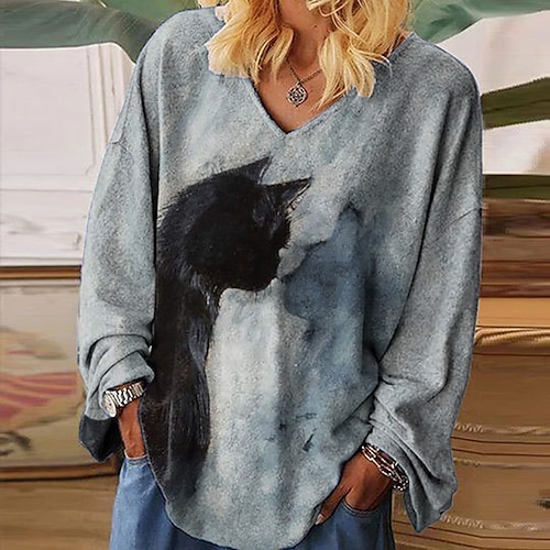 

Women's T shirt Tee Green Black Pink Cat Print Long Sleeve Casual Weekend Basic V Neck Regular Loose Fit Cat Painting S