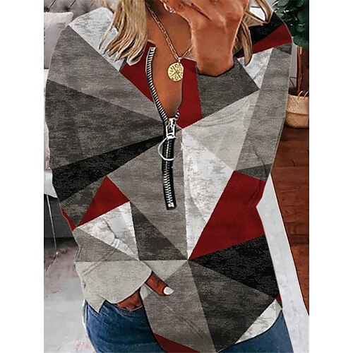 

Women's Plus Size Tops Pullover Sweatshirt Color Block Geometry Zipper Print Long Sleeve Round Neck Streetwear Daily Vacation Polyester Fall Winter Gray