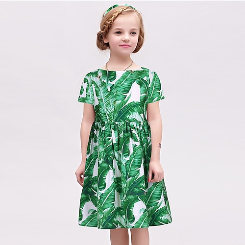 

Kids Little Girls' Dress Leaves A Line Dress School Holiday Print Green Knee-length Short Sleeve Princess Cute Dresses Spring Summer Regular Fit 2-8 Years