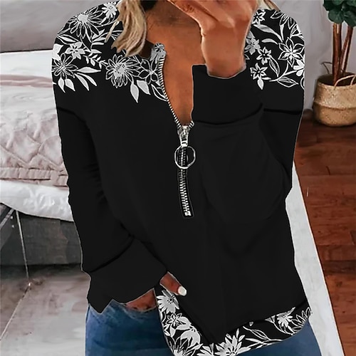 

Women's Plus Size Tops Pullover Sweatshirt Hoodie Sweatshirt Floral Zipper Print Long Sleeve Round Neck Streetwear Daily Vacation Polyester Fall Winter Black