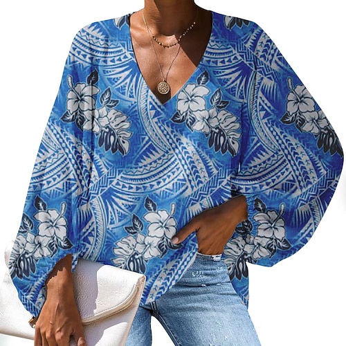 

Women's Shirt Floral Holiday Weekend Shirt Long Sleeve Print V Neck Casual Streetwear Green Blue Orange S / 3D Print