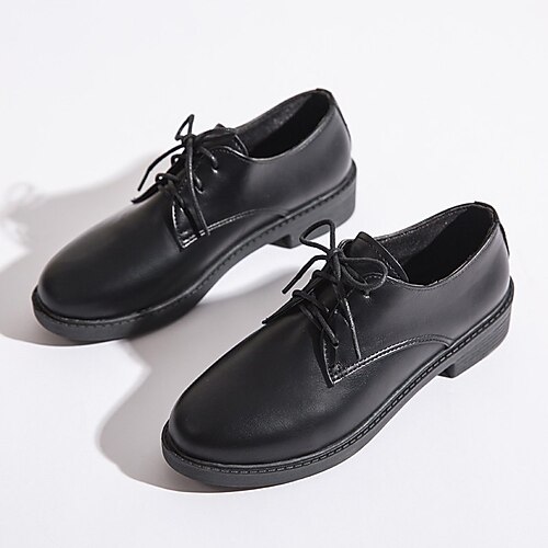 

Women's Oxfords Block Heel Round Toe Preppy PU Leather Lace-up Black