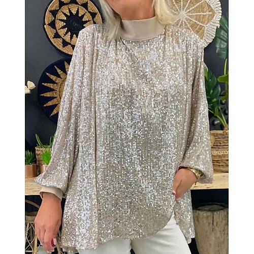 

Women's Plus Size Tops Blouse Solid Color Sequins Long Sleeve Standing Collar Elegant Festival Party Work Polyester Winter Fall Light Grey / Vacation