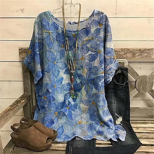 

Women's Plus Size Curve Tops Blouse Shirt Floral Print Short Sleeve Crewneck Streetwear Daily Vacation Polyester Fall Spring Blue Purple