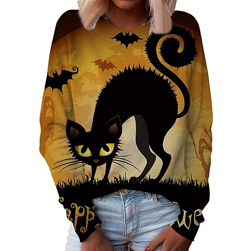 

Women's Sweatshirt Pullover Crew Neck Cat Bat Print Halloween Daily Weekend 3D Print Streetwear Casual Halloween Clothing Apparel Hoodies Sweatshirts Green Blue
