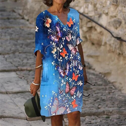 

Women's Shift Dress Casual Dress Short Mini Dress Green Blue Purple Yellow Red Brown Half Sleeve Butterfly Print Fall Winter V Neck Casual Loose 2022 S M L XL XXL 3XL 4XL 5XL