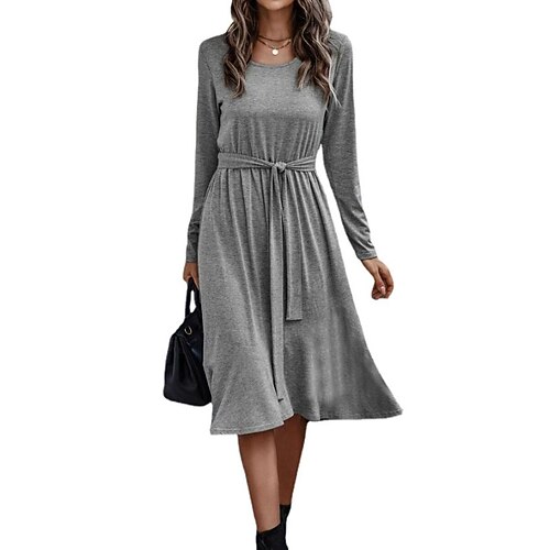 

Women's A Line Dress Casual Dress Maxi long Dress Gray Long Sleeve Pure Color Ruched Lace up Fall Winter Round Neck Casual 2022 S M L XL XXL