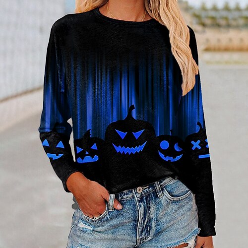 

Women's T shirt Tee Pumpkin Halloween Weekend Painting T shirt Tee Long Sleeve Print Round Neck Basic Green Blue Purple S / 3D Print