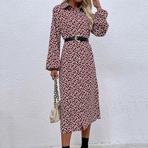 

Women's A Line Dress Midi Dress Wine Long Sleeve Floral Button Print Fall Winter Shirt Collar Vacation Vintage 2022 S M L XL