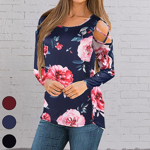 

Women's T shirt Tee Flower Casual Weekend T shirt Tee Long Sleeve Cut Out Print Round Neck Basic Black Wine Navy Blue S / 3D Print