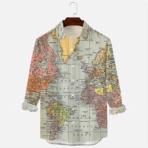 

Men's Shirt 3D Print Map Turndown Street Casual Button-Down Print Long Sleeve Tops Casual Fashion Breathable Gray