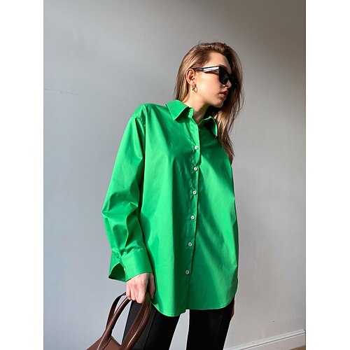 

Women's Clothing Fashion Chic Plain Blouse Shirt Style Long-Sleeved Lapel Contrast Button High-Quality Stacking Shirt