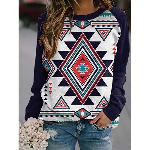 

Women's Sweatshirt Pullover Active Ethnic Print White Black Navy Blue Geometric Dandelion Feather Daily Round Neck Long Sleeve S M L XL XXL / 3D Print