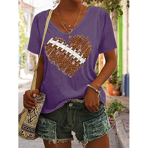 

Women's T shirt Tee Football Is My Favorite Season Heart Leopard Casual Weekend Painting T shirt Tee Short Sleeve Print V Neck Basic Green White Black S