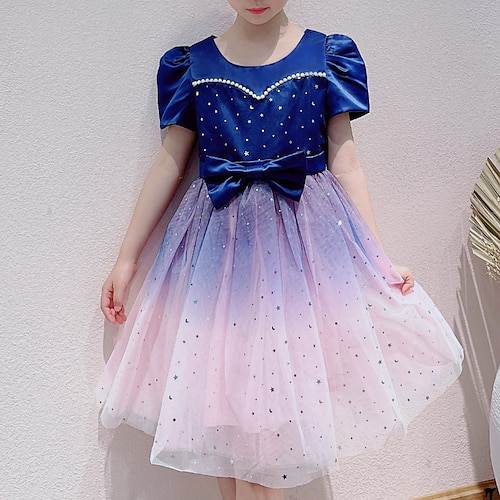 

Kids Girls' Dress Sequin A Line Dress Asymmetrical Dress Performance Cotton Short Sleeve Princess Dress 3-10 Years Spring Light Green Royal Blue