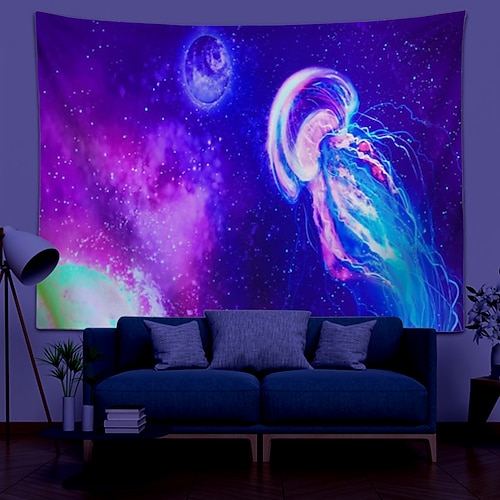 

Blacklight UV Reactive Tapestry Jellyfish Decoration Cloth Curtain Picnic Table Cloth Hanging Home Bedroom Living Room Dormitory Decoration Polyester