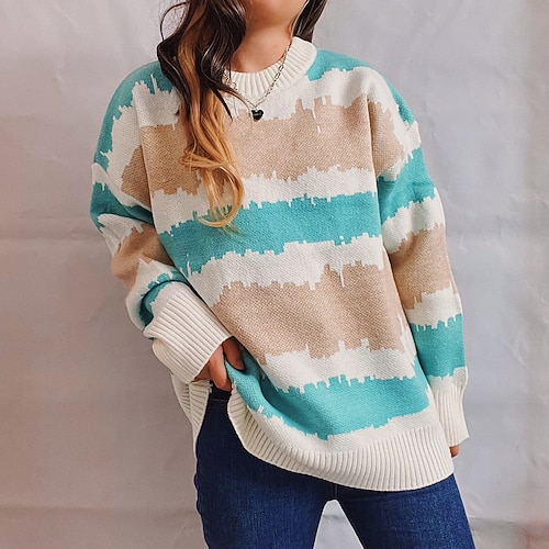 

Women's Pullover Sweater Jumper Chunky Knit Tunic Knitted Striped Crew Neck Stylish Casual Home Daily Fall Winter Green Orange S M L / Long Sleeve