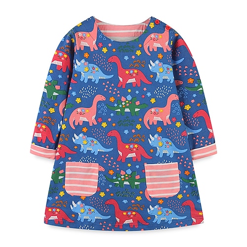 

Kids Girls' Dress Dinosaur A Line Dress Asymmetrical Dress Daily Cotton Long Sleeve Casual Dress 2-8 Years Winter Blue