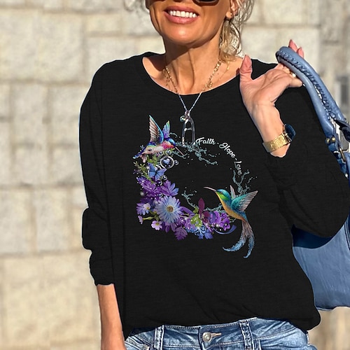 

Women's Sweatshirt Pullover Active Streetwear Print Black Gray Khaki Floral Bird Daily Round Neck Long Sleeve S M L XL XXL