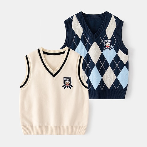 

Kids Boys Sweater Plaid Outdoor Sleeveless V Neck Fashion Cotton 3-10 Years Winter Navy Blue Beige