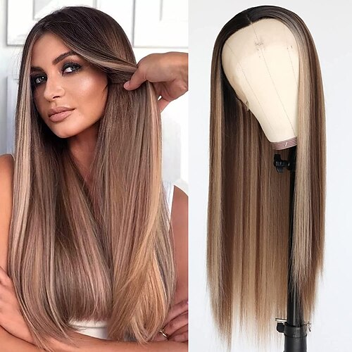 

Ombre Highlight Synthetic Lace Front Wigs SIlky Straight Light Brown Highlight Blonde Heat Resistant Lace Front Wig for Fashion Women