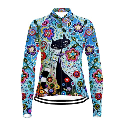 

21Grams Women's Cycling Jersey Long Sleeve Bike Top with 3 Rear Pockets Mountain Bike MTB Road Bike Cycling Quick Dry Moisture Wicking Blue Cat Floral Botanical Sports Clothing Apparel / Stretchy