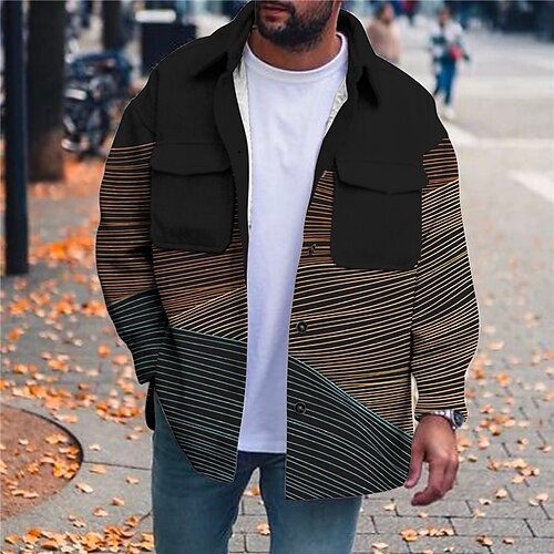 

Men's Coat Warm Street Single Breasted Striped 3D Printed Graphic Turndown Streetwear Jacket Outerwear Long Sleeve Pocket Winter