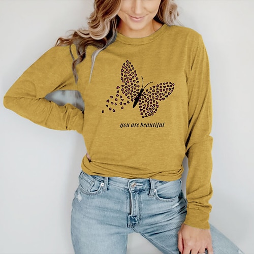 

Women's T shirt Tee Graphic Butterfly Letter Casual Daily Holiday Butterfly T shirt Tee Long Sleeve Print Round Neck Basic Green Blue Yellow S