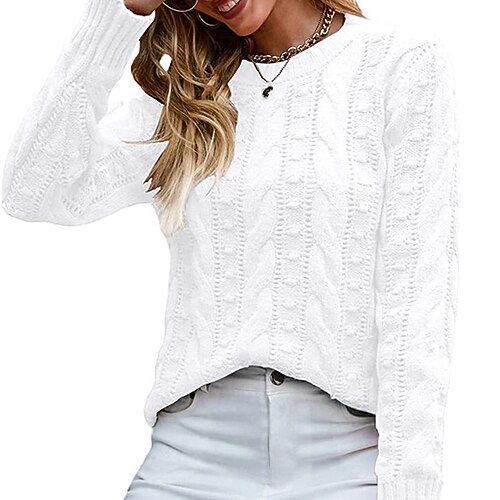 

Women's Pullover Sweater Jumper Cable Knit Knitted Pure Color Crew Neck Stylish Casual Daily Holiday Fall Winter White Black S M L / Long Sleeve