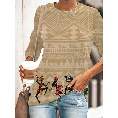 

Women's T shirt Tee Graphic Geometric Daily Weekend Geometric Painting T shirt Tee Long Sleeve Button Print Round Neck Basic Ethnic Khaki S / 3D Print