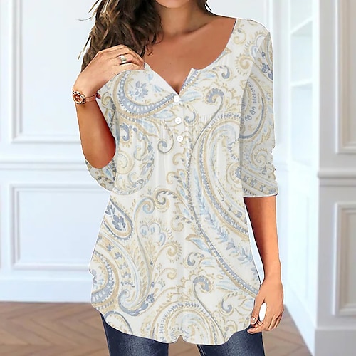 

Women's T shirt Tee Tunic White Paisley Button Flowing tunic Long Sleeve Casual Weekend Basic V Neck Regular Painting S / Print