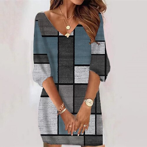 

Women's Casual Dress Bodycon Short Mini Dress Blue Gray Red 3/4 Length Sleeve Plaid Color Block Print Fall Winter V Neck Casual Vacation Loose 2022 S M L XL XXL 3XL