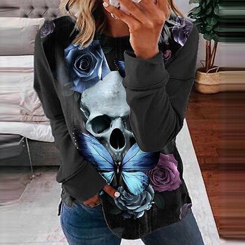 

Women's Sweatshirt Pullover Crew Neck Floral Skull Butterfly Print Halloween Weekend 3D Print Active Casual Hoodies Sweatshirts White Black