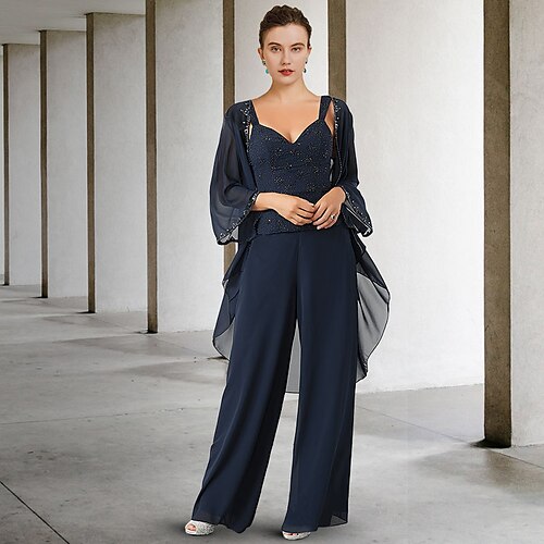 

Pantsuit 3 Piece Suit Mother of the Bride Dress Elegant Wrap Included V Neck Floor Length Chiffon Lace Sleeveless with Beading 2022