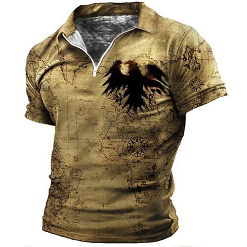 

Men's Collar Polo Shirt Golf Shirt Animal Eagle Turndown Khaki 3D Print Outdoor Street Short Sleeves Zipper Print Clothing Apparel Fashion Designer Casual Breathable / Summer / Spring / Summer