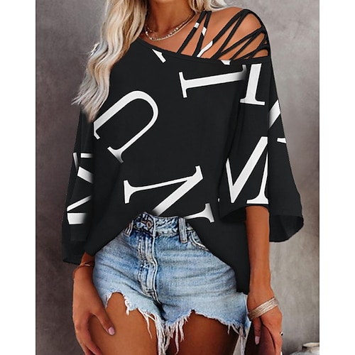 

Women's T shirt Tee Black Letter Cold Shoulder Print 3/4 Length Sleeve Casual Weekend Basic One Shoulder Regular Painting S