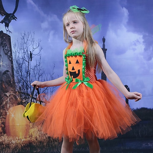 

kinderkleidung Mädchen Halloween Kleid Graphic A Linie Kleid Asymmetrisch Kleid Halloween Ärmellos Kostüm Kleid 4-12 Jahre Frühling Orange