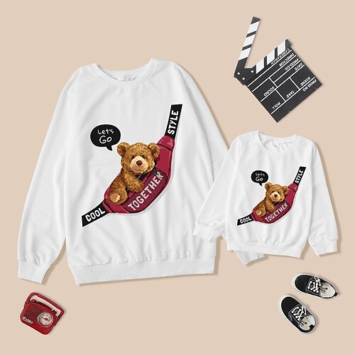 

Dad and Son Sweatshirt Graphic Bear Letter Daily Print White Long Sleeve Casual Matching Outfits