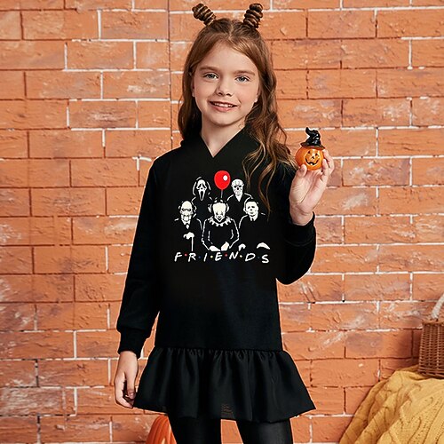 

Kids Little Girls' Dress Letter A Line Dress Daily Holiday Vacation Ruffle Print White Black Gray Above Knee Long Sleeve Casual Cute Sweet Dresses Halloween Fall Winter Regular Fit 3-12 Years