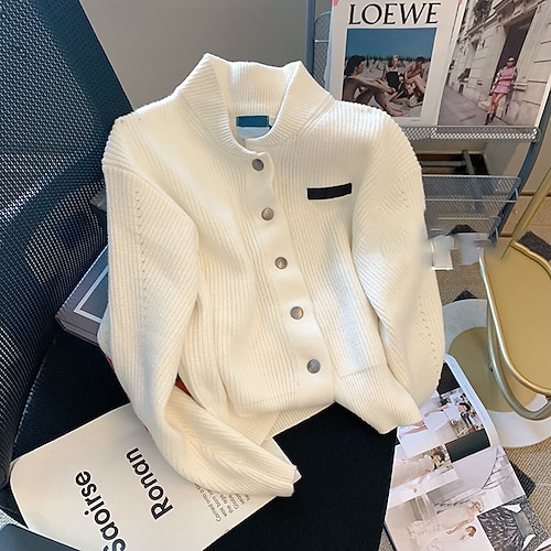 

Women's Cardigan Sweater Jumper Crochet Knit Knitted Thin Solid Color Stand Collar Stylish Casual Daily Going out Fall Winter White S M L / Long Sleeve / Regular Fit