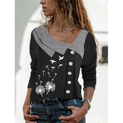 

Women's Shirt Floral Butterfly Dandelion Holiday Weekend Floral Butterfly Shirt Long Sleeve Print V Neck Business Streetwear White Black Dark Gray S / 3D Print