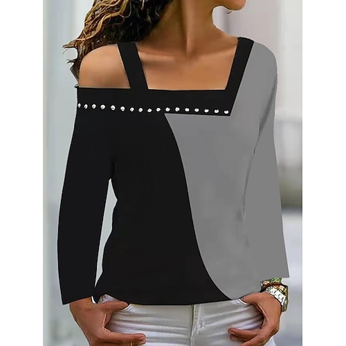 

Women's T shirt Tee Blue Gray Black Color Block Rhinestone Long Sleeve Daily Basic Diagonal Neck Regular Geometric S