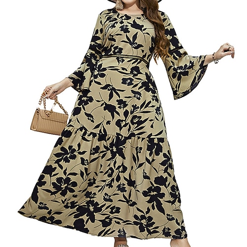 

Women's Plus Size Casual Dress Floral Crew Neck Ruffle 3/4 Length Sleeve Fall Winter Casual Vintage Maxi long Dress Causal Daily Dress / Print