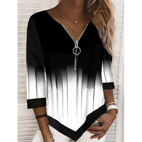 

Women's Shirt Black Color Gradient Quarter Zip Print 3/4 Length Sleeve Daily Weekend Streetwear Business V Neck Regular S / 3D Print