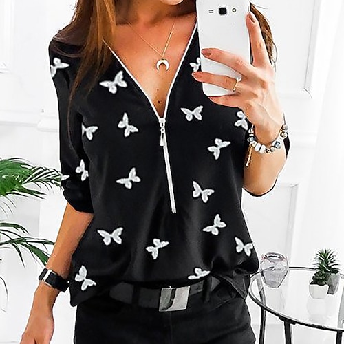 

Women's Blouse Butterfly Daily Weekend Blouse Shirt Long Sleeve Zipper Print V Neck Casual Streetwear Black S